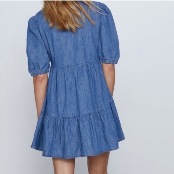 Zara Tiered Denim Mini Dress Loose Flowy Minimalist Feminine Ruffles Size XL - Picture 2 of 9